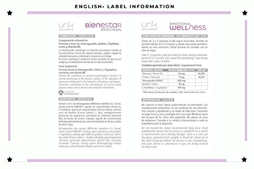 SUPLEMENTO PARA ANSIEDAD, ESTRÉS, ESTADO DE ÁNIMO – BIENESTAR EMOCIONAL – ASHWAGANDHA KSM-66 (100% orgánica) + AZAFRÁN + TRIPTÓFANO + CROMO + VIT B6 60 cáps. LAB. UNIK HEALTH & NUTRITION