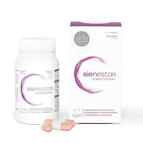 SUPLEMENTO PARA ANSIEDAD, ESTRÉS, ESTADO DE ÁNIMO – BIENESTAR EMOCIONAL – ASHWAGANDHA KSM-66 (100% orgánica) + AZAFRÁN + TRIPTÓFANO + CROMO + VIT B6 60 cáps. LAB. UNIK HEALTH & NUTRITION