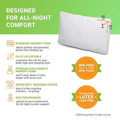 Supportiback® Almohada para cama a tiras con funda extraíble hipoalergénica, con altura ajustable, diseñada médicamente para la prevención del dolor de cuello y espalda y el descanso