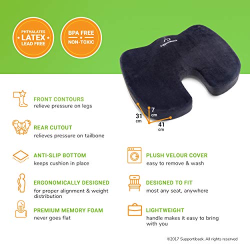 Supportiback Premium Coccyx Cushion - Orthopedic Seat Cushion for Car/Office/Home - Sciatica, Tailbone & Back Pain Relief - Doctor Designed/CertiPUR Certified