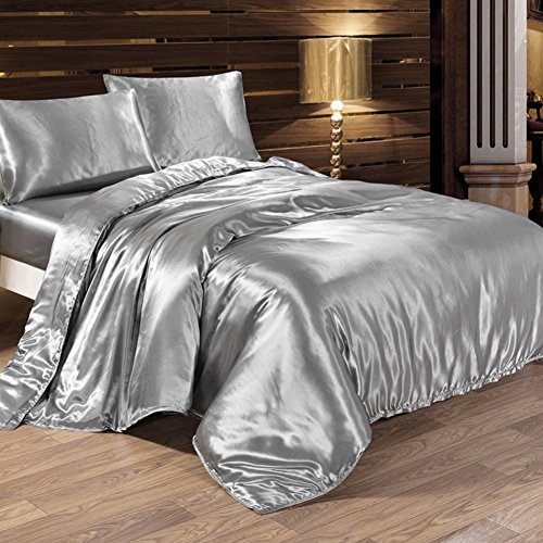 Surfmalleu 4PCS Juego de Sábanas Conjunto Funda Cubierta Kit de Cama de Edredón Satén Nórdica Bajera Almohada de Seda Moderna Suave 150 * 200 200 * 230 220 * 240 cm (Gris, 1.8m)