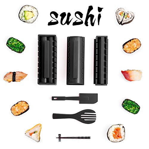 Sushi Maker kit 10pcs 5 Formas únicas de Kit para Hacer Sushi Molde Inicio Hacer Sushi Kit Sushi kit del fabricante Fácil y divertido DIY Set de Sushi Roll arroz rollo molde (Negro)