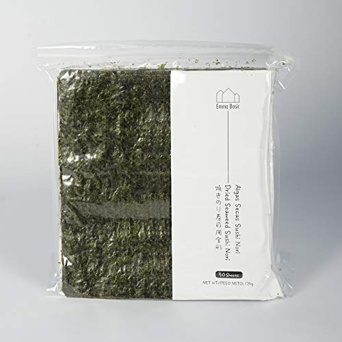 Sushi Nori Alga marina - Joven y crujiente | Grado superior | ligeramente tostada | Alto en proteínas y fibra | Bajo en grasa saturada | (50 hojas)
