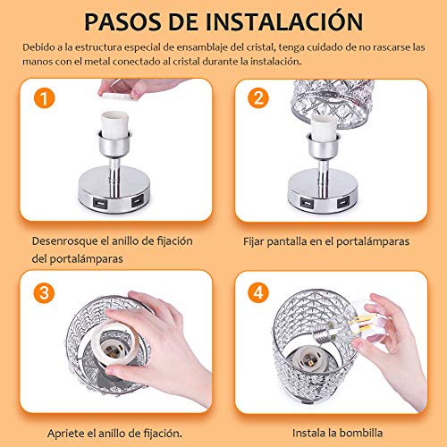 SUVOM Lámpara de Mesa Control Táctil de Cristal, 3 Modos de Luz Lámpara de Mesilla de Noche de Cristal con 2 Puertos de Carga USB Rápidos Dobles para Sala de Estar, Dormitorio, Comedor