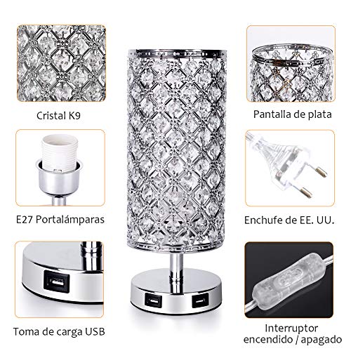 SUVOM Lámpara de Mesa Control Táctil de Cristal, 3 Modos de Luz Lámpara de Mesilla de Noche de Cristal con 2 Puertos de Carga USB Rápidos Dobles para Sala de Estar, Dormitorio, Comedor