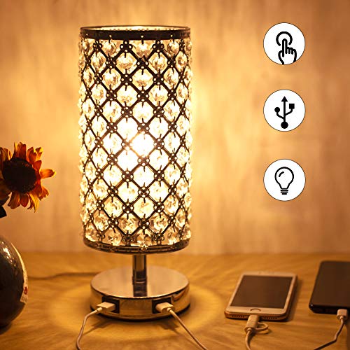 SUVOM Lámpara de Mesa Control Táctil de Cristal, 3 Modos de Luz Lámpara de Mesilla de Noche de Cristal con 2 Puertos de Carga USB Rápidos Dobles para Sala de Estar, Dormitorio, Comedor