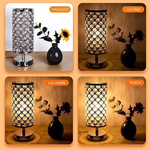 SUVOM Lámpara de Mesa Control Táctil de Cristal, 3 Modos de Luz Lámpara de Mesilla de Noche de Cristal con 2 Puertos de Carga USB Rápidos Dobles para Sala de Estar, Dormitorio, Comedor
