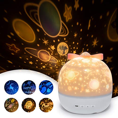 SUVOM Lámpara Proyector Infantil, 6 Modos Iluminación Proyector Dormitorio con Rotación 360 Grados de Estrellas y Cosmos, Luz de Nocturna para Niños y Bebés, Cumpleaños, Vacaciones, Navidad, Halloween