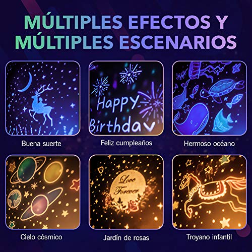 SUVOM Lámpara Proyector Infantil, 6 Modos Iluminación Proyector Dormitorio con Rotación 360 Grados de Estrellas y Cosmos, Luz de Nocturna para Niños y Bebés, Cumpleaños, Vacaciones, Navidad, Halloween