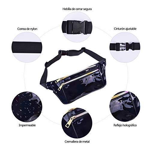 Suxman Riñonera Running Impermeable, Cinturón Deportiva Festival de Neón Brillante para Correrer, Ciclismo, Bicicleta, Peseo, Camina el Perro, con 3 Bolsillos de Cremallera (Negro)