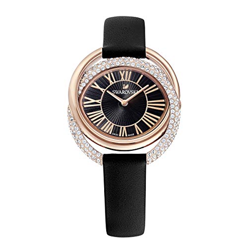 Swarovski Reloj Duo, Correa de piel, negro, PVD en tono Oro Rosa