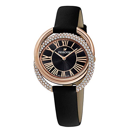Swarovski Reloj Duo, Correa de piel, negro, PVD en tono Oro Rosa