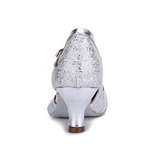 SWDZM Mujer Zapatos de Baile,estándar de Zapatos de Baile Latino Ballroom,Tacón-1.97'',Modelo-ES-511 Plateado 39 EU/25.5CM