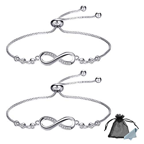 SwirlColor Pulsera Infinito, Pulsera de Plata Ajustable para Mujeres, Niñas, Amigos, Novias, Esposa, Madre, 2 Piezas, con Joyero 1 Piezas, Bolsa de Joyas 1 Piezas, Paño de Limpieza 1 Piezas