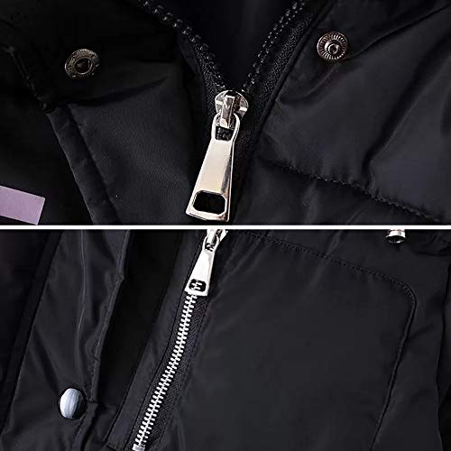 SXSHUN Niñas Abrigo Acolchado de Invierno con Capucha de Pelo Chaqueta Caliente de Algodón con Estampado de Letras, Negro, 12-14 años