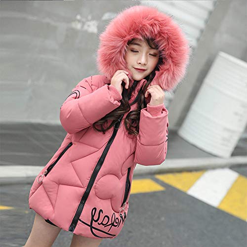 SXSHUN Niñas Chaqueta Slim de Invierno Línea A Abrigo de Pluma con Capucha de Pelo Ropa Caliente Acolchada de Algodón, Rosa, 7-8 años/ 3XL