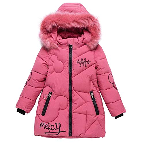 SXSHUN Niñas Chaqueta Slim de Invierno Línea A Abrigo de Pluma con Capucha de Pelo Ropa Caliente Acolchada de Algodón, Rosa, 7-8 años/ 3XL