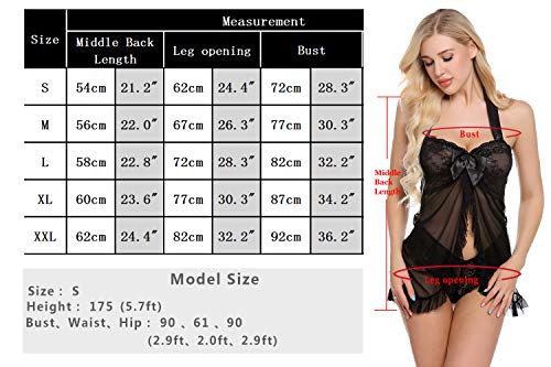 Sykooria Encaje Lencería Conjunto Mujer Ropa de Dormir Camisón Suave Frente Abierto Camisón Mini Vestido con Cuello Halter