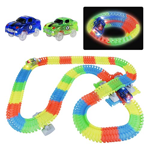 Symiu Circuito Pista Coches Juguetes Vehiculos Cars Flexible 240 Piezas con 2 Luminoso Coches Juguetes de Construcción para Niños 3 4 5 Años