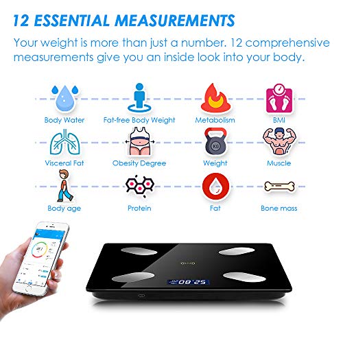 SYOSIN Báscula digital,Báscula de baño,Báscula con Bluetooth,Pantalla LCD,Para iOS y Android, USB Carga, Máximo 180 kg, diseño de esquina redonda, incluye cinta métrica