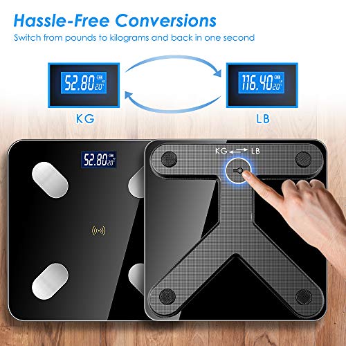 SYOSIN Báscula digital,Báscula de baño,Báscula con Bluetooth,Pantalla LCD,Para iOS y Android, USB Carga, Máximo 180 kg, diseño de esquina redonda, incluye cinta métrica