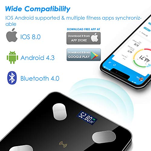 SYOSIN Báscula digital,Báscula de baño,Báscula con Bluetooth,Pantalla LCD,Para iOS y Android, USB Carga, Máximo 180 kg, diseño de esquina redonda, incluye cinta métrica
