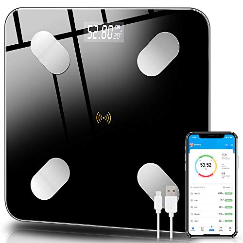 SYOSIN Báscula digital,Báscula de baño,Báscula con Bluetooth,Pantalla LCD,Para iOS y Android, USB Carga, Máximo 180 kg, diseño de esquina redonda, incluye cinta métrica