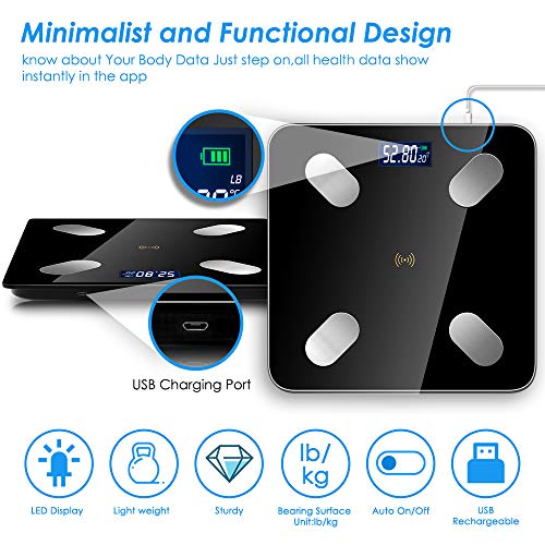 SYOSIN Báscula digital,Báscula de baño,Báscula con Bluetooth,Pantalla LCD,Para iOS y Android, USB Carga, Máximo 180 kg, diseño de esquina redonda, incluye cinta métrica