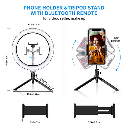 SYOSIN Luz de Anillo LED, 10.2" con Trípode Stand Control Remoto Bluetooth Soporte para Teléfono, 3 Modos de Luz y 11 Niveles de Brillo para Maquillaje, Youtube Video, Belleza y Fotografía de Moda