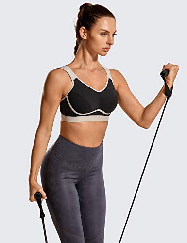 SYROKAN - Sujetador Deportivo Máximo Soporte Sin Relleno para Mujer Negro/Gris ES:105B (EU 90B)