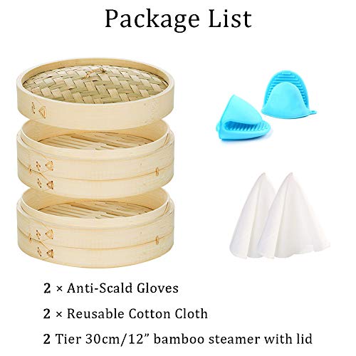 Sziqiqi Vaporera Bambú Vapor Escalonado Cocina Asiática Tradicional 25cm Más Reutilizable, para Albóndigas Tortas/Bollos Al Vapor Verduras Pescado Arroz Tamales de Pollo, 2 Niveles