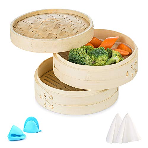 Sziqiqi Vaporera Bambú Vapor Escalonado Cocina Asiática Tradicional 25cm Más Reutilizable, para Albóndigas Tortas/Bollos Al Vapor Verduras Pescado Arroz Tamales de Pollo, 2 Niveles