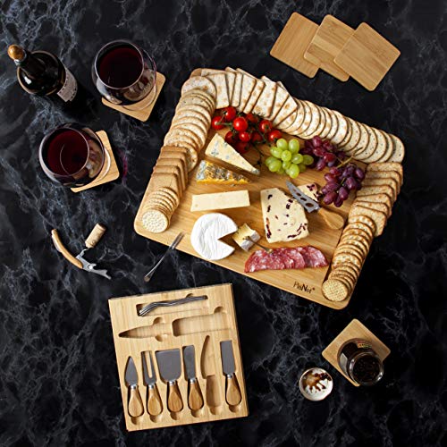 Tabla de quesos de bambú extragrande, incluye posavasos, cajón deslizable con sacacorchos, tapón de botella, cuchillos de acero inoxidable y tenedores de servir, regalo perfecto - por PlaNet