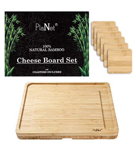 Tabla de quesos de bambú extragrande, incluye posavasos, cajón deslizable con sacacorchos, tapón de botella, cuchillos de acero inoxidable y tenedores de servir, regalo perfecto - por PlaNet