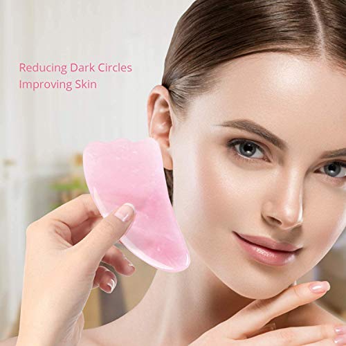 Tablero Gua Sha de cuarzo rosa rosa para el cuidado de la piel facial, curación 100% natural para antiarrugas, levantamiento de la cara y drenaje linfático (3 paquetes)