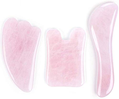 Tablero Gua Sha de cuarzo rosa rosa para el cuidado de la piel facial, curación 100% natural para antiarrugas, levantamiento de la cara y drenaje linfático (3 paquetes)