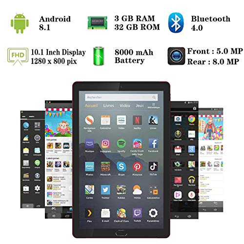 Tablet 10 Pulgadas 4G Android 8.1 Tablet PC , 3GB RAM Quad Core 32GB de ROM, Escalable 64GB Doble Tarjeta SIM Doble HD cámara 8000mAh Batería de Litio Wi-Fi Bluetooth etc - Rojo