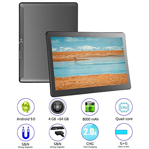 Tablet 10 Pulgadas 4G Android 9.0 4GB RAM 64GB de Memoria, Escalable 128GB - Certificado por Google GMS - Tableta Dual SIM Quad Core con Interfaz de Carga Magnética - Soporte Netflix, WiFi, GPS