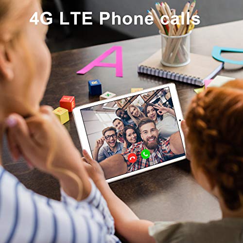 Tablet 10 Pulgadas 4G FHD 64GB de ROM 4GB de RAM Android 9.0 Certificado por Google GMS Tablet PC Procesador de Quad Core Batería 8500mAh Dual SIM 8MP Cámara WiFi,Bluetooth,GPS,OTG(Oro)