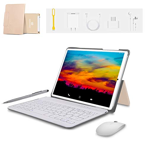 Tablet 10 Pulgadas 4G FHD 64GB de ROM 4GB de RAM Android 9.0 Certificado por Google GMS Tablet PC Procesador de Quad Core Batería 8500mAh Dual SIM 8MP Cámara WiFi,Bluetooth,GPS,OTG(Oro)