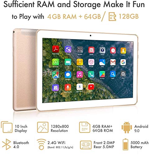 Tablet 10 Pulgadas 4G LTE Dual Sim - TOSCIDO Android 9.0 , Quad Core,64GM ROM,4GB RAM,Doble Altavoz Estéreo,WiFi/Bluetooth/GPS/OTG - Oro