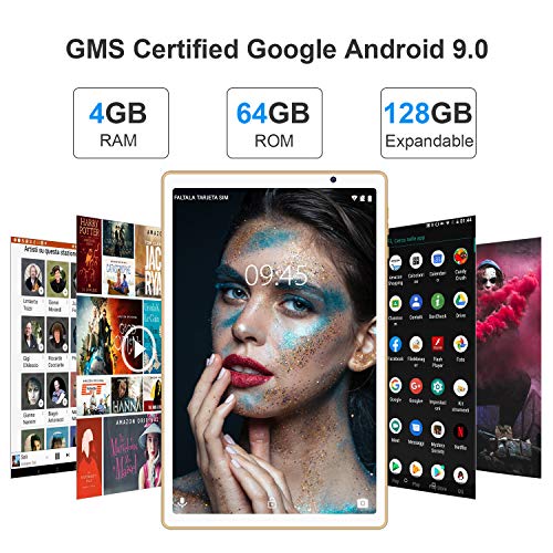 Tablet 10 Pulgadas FACETEL Q3 Android 9.0 4GB de RAM y 64 GB de ROM,5MP+8MP Cámara Tablet PC Batería de 8000mAh,Certificación Google gsm | WiFi | GPS | OTG | FM | Bluetooth-Oro
