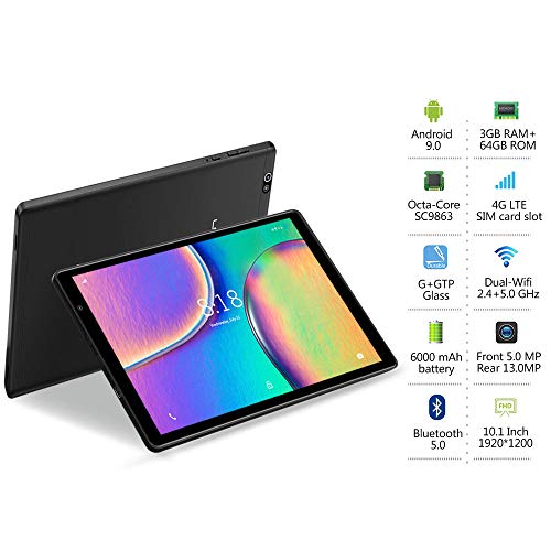 Tablet 10 Pulgadas LNMBBS P30 Android 9.0 5G Wi-Fi Tableta de Procesador Octa-Core, 64GB ROM y 3GB RAM Tablet PC con Tarjeta Sim y Wi-Fi, 13MP y 5MP Cámara, Pantalla HD IPS de 1920*1200, GPS (Negro)