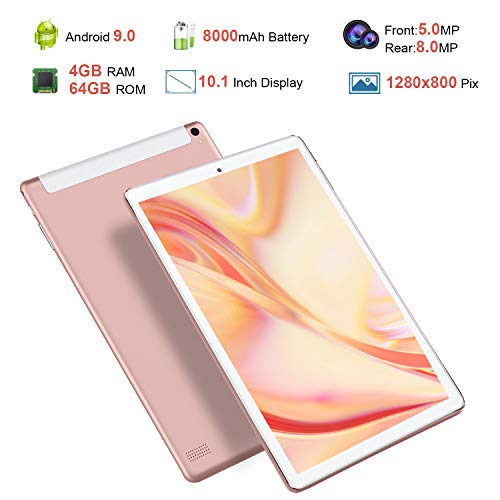 Tablet 10.1 Pulgadas 4G Android 9.0 Quad Core DUODUOGO P8 Tablet 4GB RAM 64GB ROM/128GB Escalables 8000mAh Doble SIM Doble Cámara Tablet PC Google GMS Netfilx WiFi GPS OTG (Estándar, Rosado)
