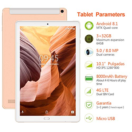 Tablet 10.1 Pulgadas YESTEL Android 8.1 Tablets con 3GB RAM & 32GB ROM y 4G LTE Dual SIM Call, 5.0 MP + 8.0 MP HD la Cámara y 8000mAH-Dorado