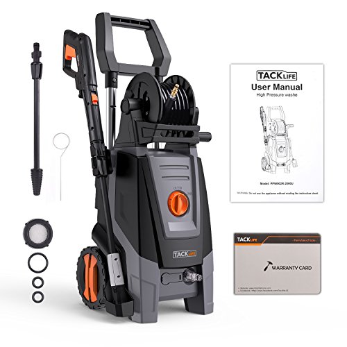TACKLIFE Hidrolimpiadora, 2000W 160Bar 450H/L, Motor de Cobre Electrica Hidrolimpiadora de Alta presión, Enrollador de Manguera, 6m Manguera,1000ml Depósito para Detergente