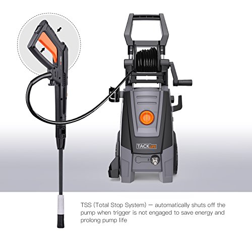 TACKLIFE Hidrolimpiadora, 2000W 160Bar 450H/L, Motor de Cobre Electrica Hidrolimpiadora de Alta presión, Enrollador de Manguera, 6m Manguera,1000ml Depósito para Detergente