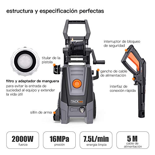 TACKLIFE Hidrolimpiadora, 2000W 160Bar 450H/L, Motor de Cobre Electrica Hidrolimpiadora de Alta presión, Enrollador de Manguera, 6m Manguera,1000ml Depósito para Detergente