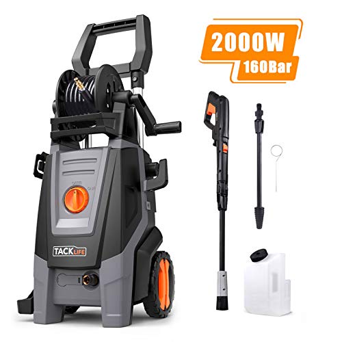 TACKLIFE Hidrolimpiadora, 2000W 160Bar 450H/L, Motor de Cobre Electrica Hidrolimpiadora de Alta presión, Enrollador de Manguera, 6m Manguera,1000ml Depósito para Detergente