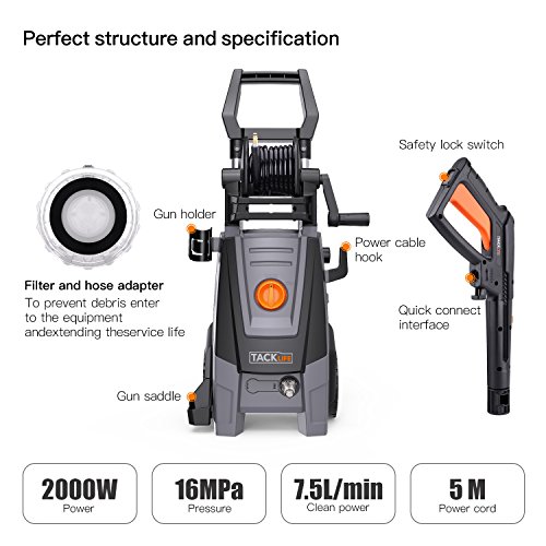 TACKLIFE Hidrolimpiadora, 2000W 160Bar 450H/L, Motor de Cobre Electrica Hidrolimpiadora de Alta presión, Enrollador de Manguera, 6m Manguera,1000ml Depósito para Detergente